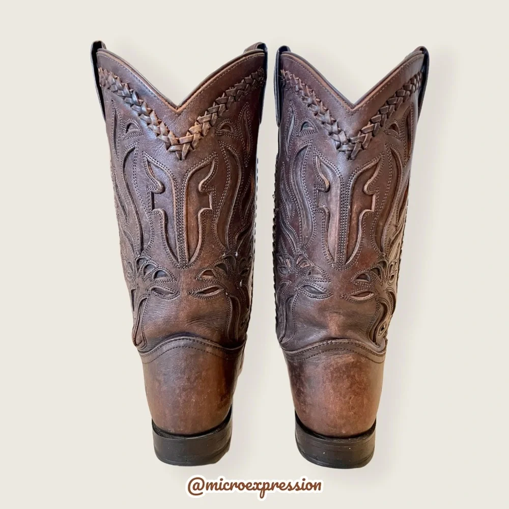 $429 Frye Wyatt Overlay Brown Leather Embroidered Pattern Tall Cute Cowboy Boot